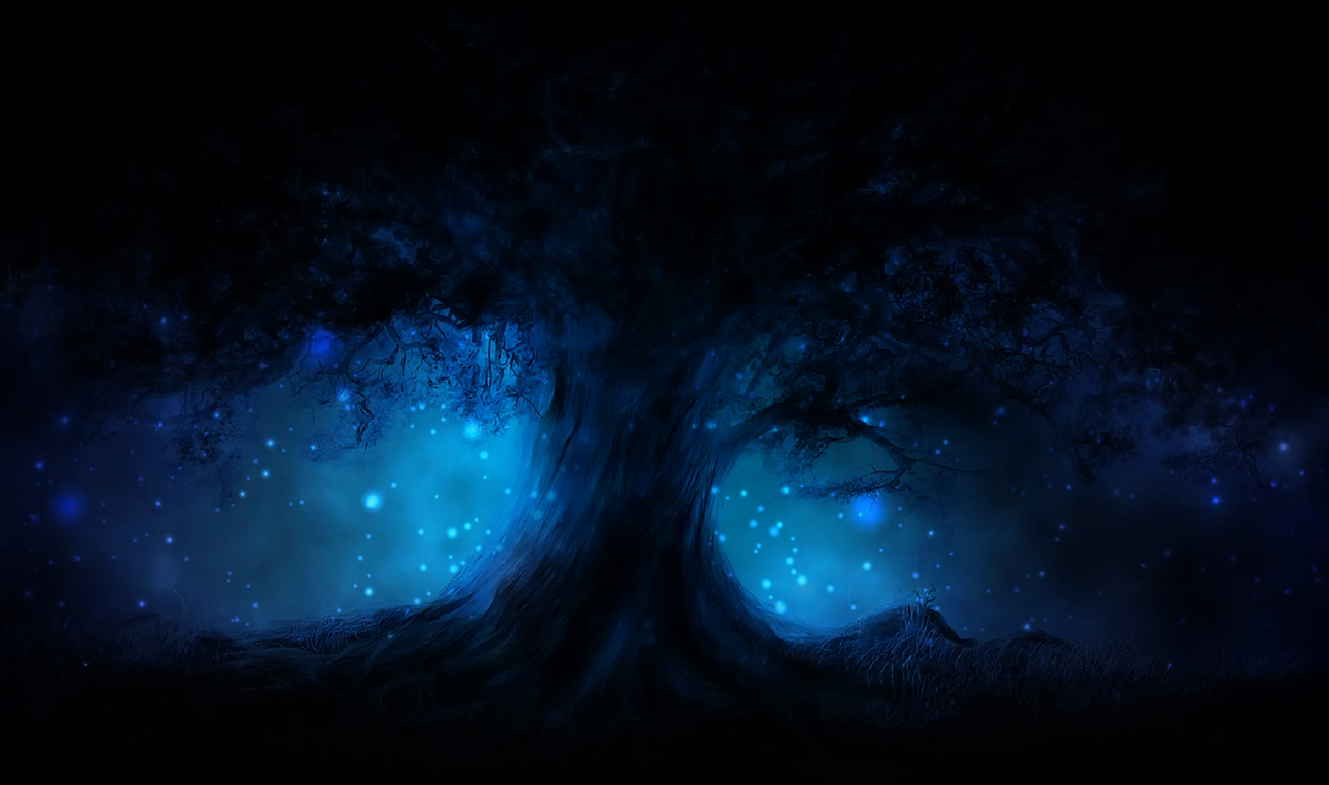 Живые обои Dark Tree Blue orbs - Wallpaper Engine